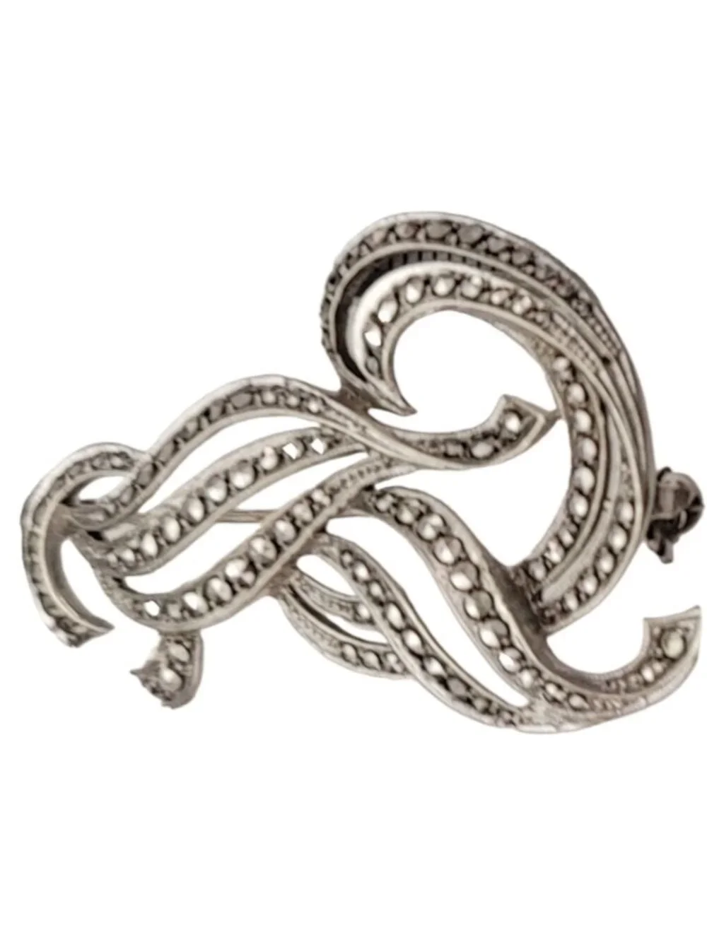 Sterling Silver Marcasite Ribbon Open Plume Brooch Pin K219
